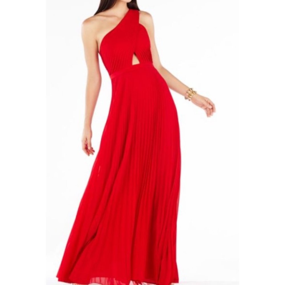 BCBG MAXAZRIA Red Gwendolyn One Shoulder Pleated Gown 0